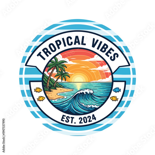 Tropical beach scene with palm trees, ocean wave, sunset, fish, and 'Est. 2024' text
