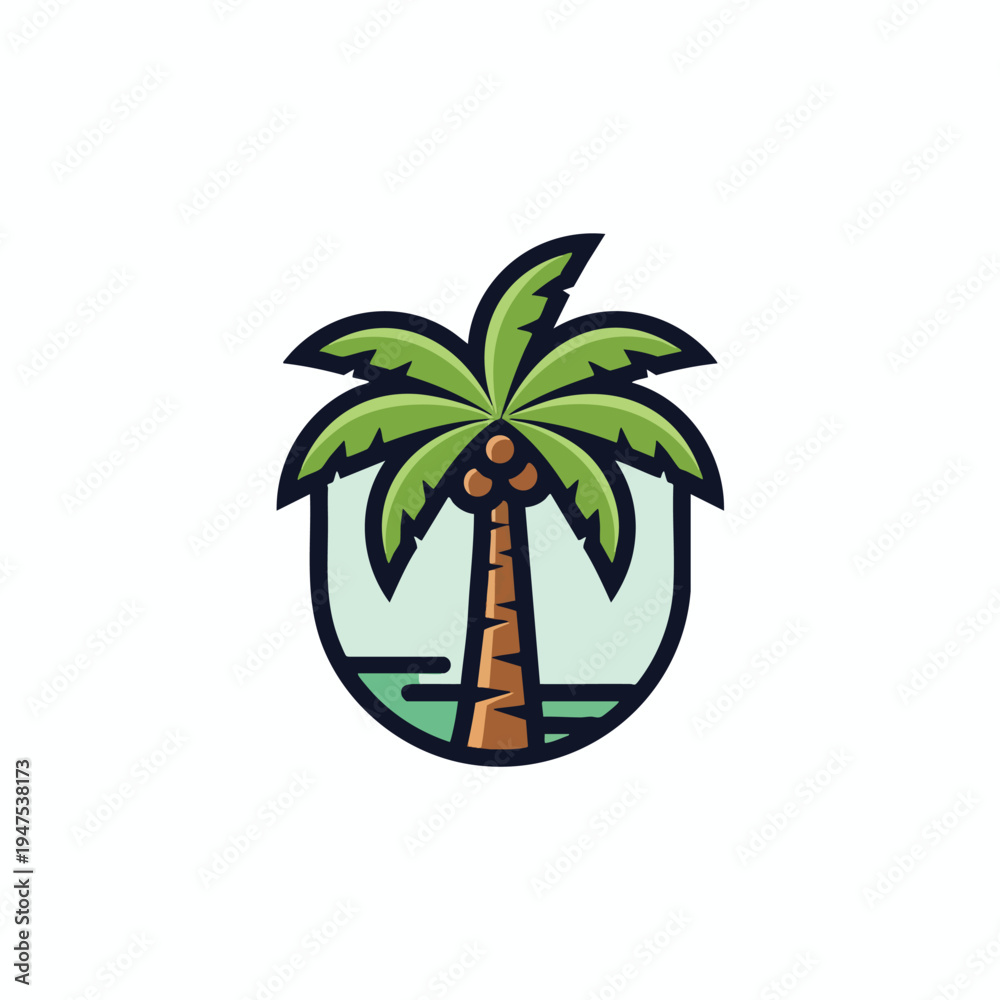 Obraz premium Stylized palm tree logo with coconuts on blue water, simple, clean, tropical