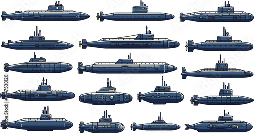 Collection of submarine silhouette icons in various designs