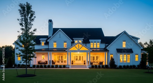 Wallpaper Mural Large white house with illuminated windows at dusk Torontodigital.ca