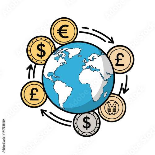 Earth surrounded by coins representing international currency exchange and financial transactions