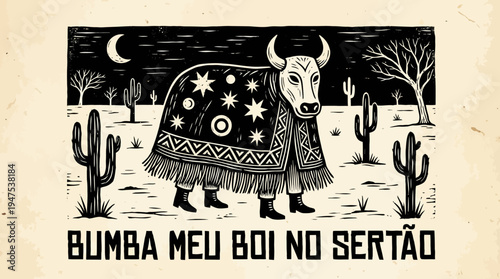 Brazilian Folklore Bumba Meu Boi Illustration in Traditional Cordel Woodcut Style, Northeast Sertão Landscape with Cacti and Night Sky