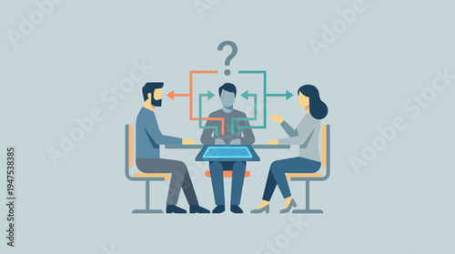 Business Team Collaboration and Problem Solving Illustration showing Recruitment Process and Candidate Evaluation with Logic Flow