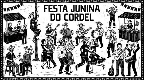 Festa Junina Brazilian Folk Festival Woodcut Illustration in Cordel Literature Style with Traditional Dancing, Music, and Food Stalls