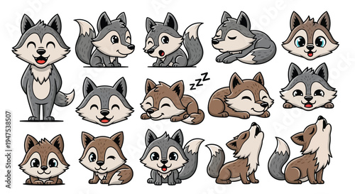 Set of cute wolf pup character illustrations with different poses