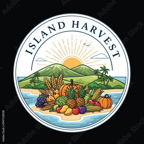 Circular emblem depicts tropical island bounty of fruits, vegetables, and grains