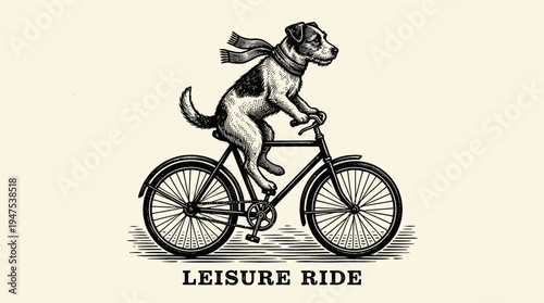 Vintage Style Illustration of a Dog Riding a Bicycle with a Scarf Blowing in the Wind, Retro Engraving for Leisure Ride Concept