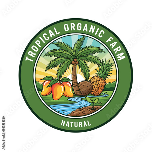 Vivid tropical farm logo with palm tree, mangoes, coconut, pineapple, river, and sapling