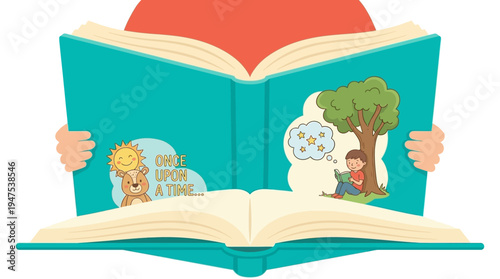 Children's Storybook Illustration with Open Book, 'Once Upon a Time' Text, and Imaginative Scenes of a Boy Reading under a Tree