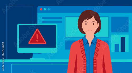 Business Woman Facing Computer System Error Alert Icon, Cyber Security and Technical Support Concept Flat Vector Illustration