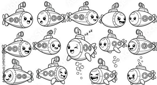 Cute cartoon submarine character collection with different emotions