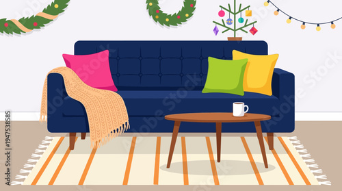 Cozy Living Room Interior with Christmas Decorations, Flat Vector Illustration of a Holiday Home Scene with Blue Sofa and Festive Ornaments