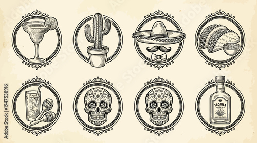 Vintage Mexican Icons Set: Hand-Drawn Woodcut Style Badges with Tequila, Tacos, Sugar Skulls, and Sombrero for Cinco de Mayo and Day of the Dead Designs