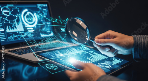Data Analysis and Visualization on Digital Devices with Magnifying Glass, Showcasing Business Intelligence and Information Technology for Strategic Decision-Making