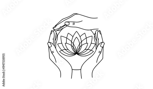 Elegant Line Art Hands Protecting Lotus Flower Spiritual Symbol Vector Illustration