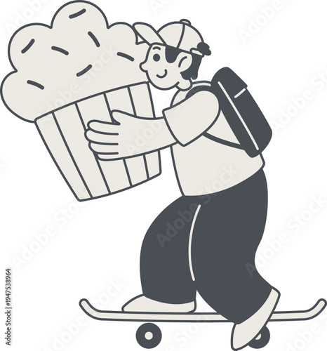 Playful Boy Skateboarding With Muffin In Notion Doodle