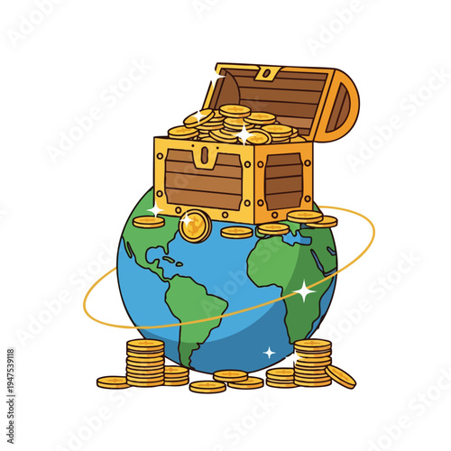 A treasure chest overflowing with gold coins rests on a globe, surrounded by scattered coins