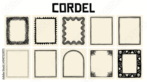 Set of Cordel Woodcut Style Frames and Borders, Brazilian Folk Art Hand-Drawn Illustration Elements for Graphic Design