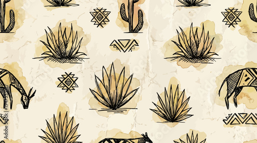 Vintage Hand-Drawn Seamless Pattern with Desert Cacti, Succulents, and Tribal Ethnic Motifs on Textured Crumpled Paper Background