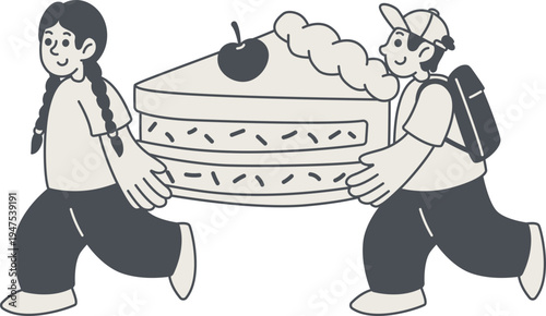 Two Happy Characters Carrying Cake In Notion Doodle Style