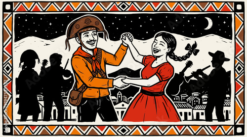 Cordel Style Illustration of a Brazilian Couple Dancing Forró at a Traditional Festa Junina Celebration in the Sertão, Woodcut Folk Art Background
