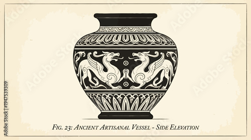 Ancient Artisanal Vessel Illustration with Mythical Dragon Motif on Aged Paper - Archeological Side Elevation Drawing