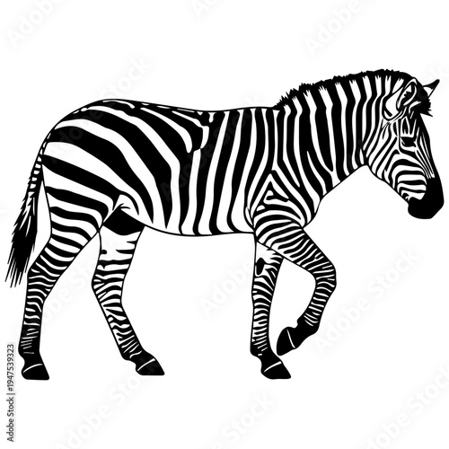 Zebra Silhouette Walking Side View, Black and White Line Art, Safari Animal Vector