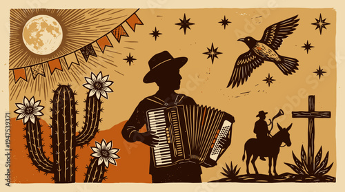 Brazilian Northeast Cordel Style Woodcut Illustration of an Accordionist in the Sertao Landscape with Cactus, Full Moon, and Traditional Folklore Elements