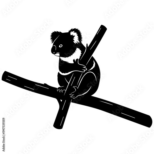 Realistic Koala Silhouette on Tree Branch, Australian Wildlife Icon, Minimalist Black and White Art
