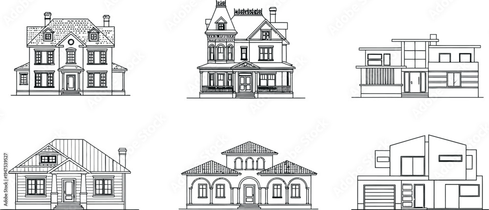 Obraz premium Set of Six Diverse Architectural House Designs in Clean Black and White Line Art Style