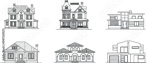Set of Six Diverse Architectural House Designs in Clean Black and White Line Art Style
