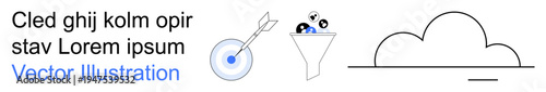Marketing strategies, data filtration, cloud technology, analytics, decision-making, data management. Funnel filtering icons, target arrow and cloud outline . Marketing strategies and data