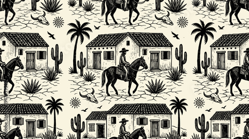 Seamless Wild West Desert Pattern with Cowboy on Horse, Cacti, and Adobe Houses in Linocut Style