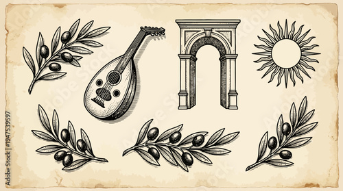 Vintage Mediterranean Hand-Drawn Icon Set Featuring Olive Branches, Lute Instrument, Sun Symbol, and Classical Arch in Engraving Style