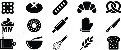 Bakery and baking tools icon set with bread croissant donut cupcake whisk rolling pin kitchen vector silhouette collection