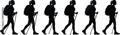 Female hiker walking sequence silhouette with backpack and trekking poles mountain trekking motion steps isolated vector illustration set