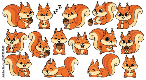 Cute orange squirrel character collection with acorns