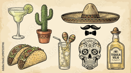 Set of Mexican Culture Hand Drawn Icons in Vintage Engraving Style with Sombrero, Tacos, Tequila, Sugar Skull, Cactus, and Margarita for Cinco de Mayo Celebrations