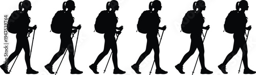 Female hiker walking sequence silhouettes with backpack and trekking poles outdoor adventure hiking motion steps isolated vector illustration set collection