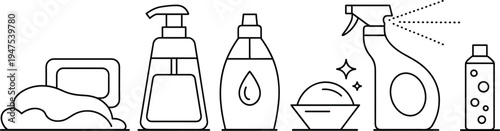 Household cleaning supplies outline icons set soap spray bottle detergent dishwashing hygiene equipment isolated vector illustration collection