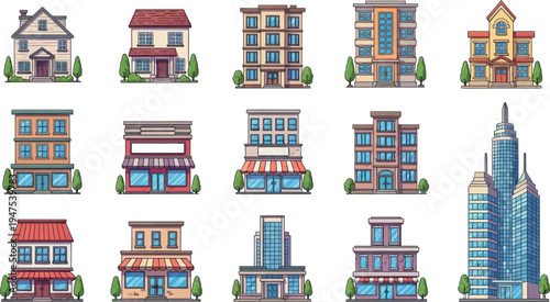 Diverse collection of cartoon buildings, featuring houses, shops, apartment blocks, and a modern skyscraper, all isolated on a clean white background.