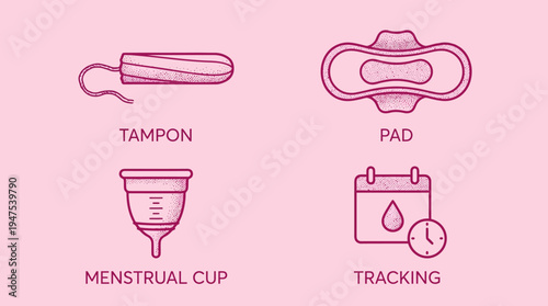 Menstrual Health and Feminine Hygiene Icon Set Featuring Tampon, Sanitary Pad, Menstrual Cup, and Period Tracking Calendar on Pink Background