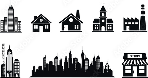 Diverse black silhouette icons of urban and residential buildings, featuring skyscrapers, houses, a church, a factory, and detailed city skylines.