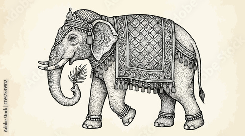 Majestic Royal Indian Elephant with Intricate Mandala Patterns and Ornaments, Vintage Stippled Ink Drawing Illustration