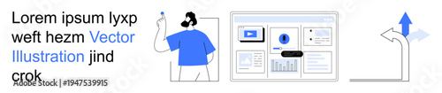 Data analysis, user experience, decision making, navigation, technology, progress. Person with a headset, analytics dashboard and direction arrow. Data analysis and user experience concept