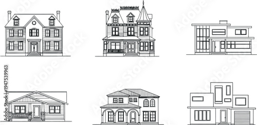Architectural Drawings Collection Featuring Diverse House Styles: Traditional, Victorian, Modern, and Craftsman Designs