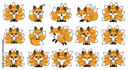 Orange nine tailed fox character sticker set with various emotions
