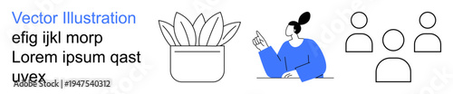 Team collaboration, growth, communication, education, mindfulness, leadership. Person pointing, plant in pot group figures. Team collaboration and growth illustrated with clear and minimalist