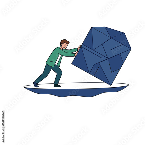 Man pushing large blue cube on a platform with effort