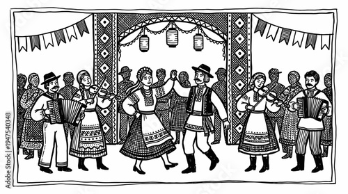 Traditional Ukrainian Village Celebration with Folk Musicians and Dancers, Black and White Hand Drawn Etching Style